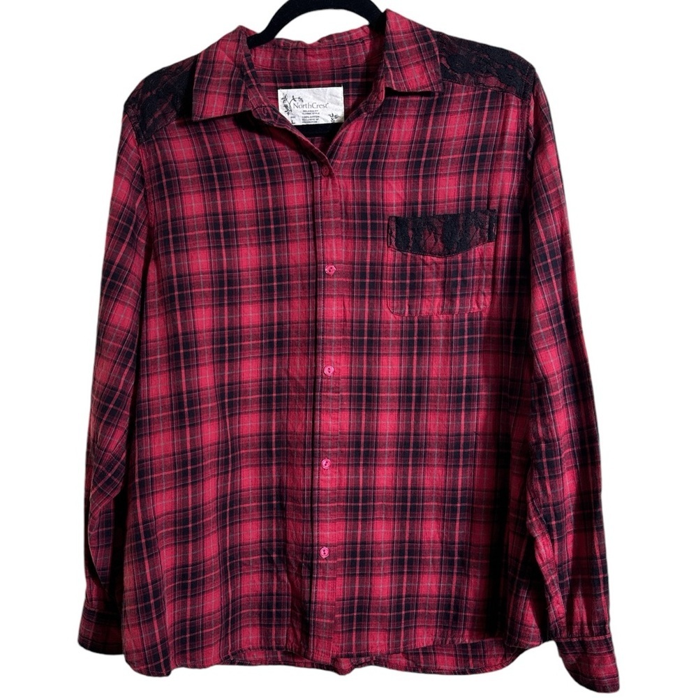 NorthCrest Western Red Flannel With Black Lace Trim Women's Size Large